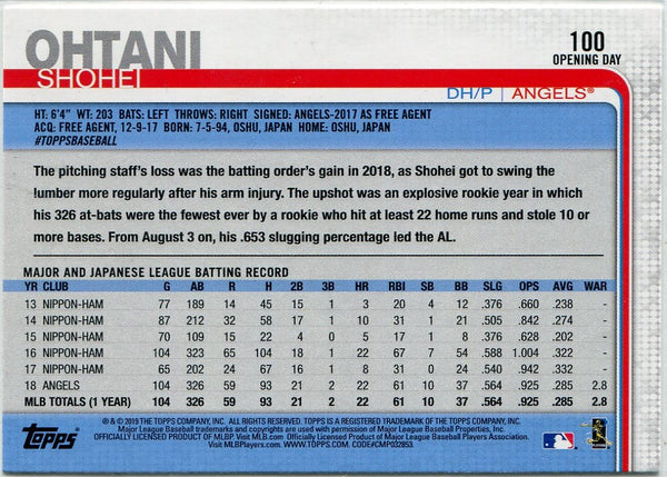 Shohei Ohtani 2019 Topps Opening Day Card #100