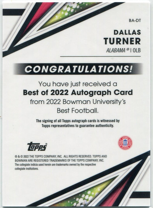 Dallas Turner 2022 Bowman Chrome University Autographed RC #BA-DT
