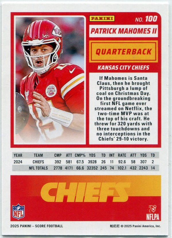 Patrick Mahomes II 2025 Panini Score Circular Holo Card #100 121/299