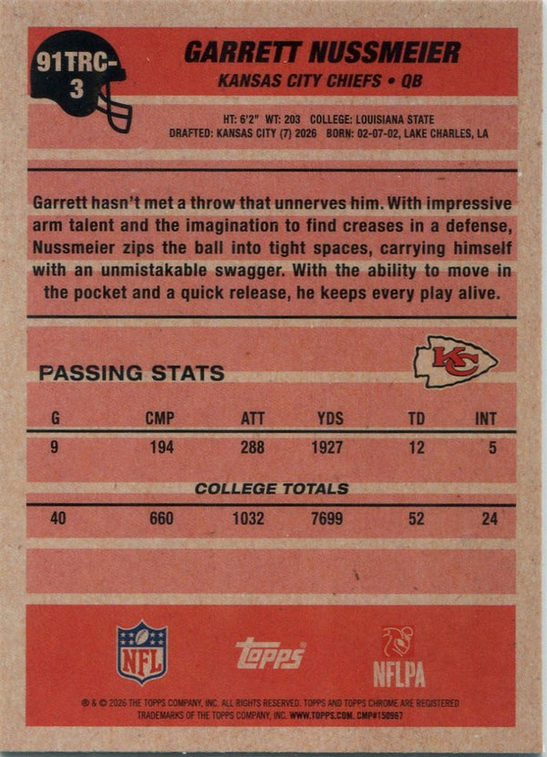 Garrett Nussmeier 2026 Topps Flagship Silver Pack RC #91TC-3