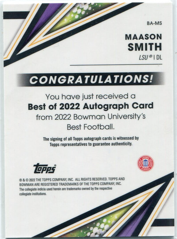 Maason Smith 2022 Bowman Chrome University Autographed RC #BA-MS