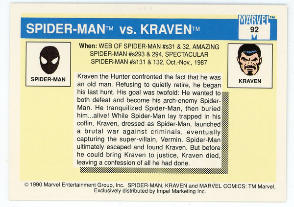 Spider-Man vs Kraven 1990 Marvel Famous Battles Card #92
