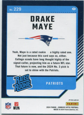 Drake Maye 2024 Panini Donruss Optic Rated Rookie Blue Hyper Prizm RC #229