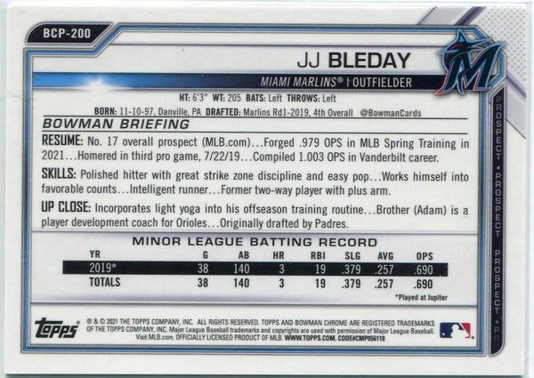JJ Bleday 2021 Bowman Chrome Sapphire Aqua Refractor RC #BCP-200 28/99
