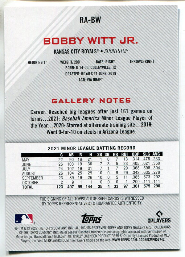 Bobby Witt Jr. Autographed 2022 Topps Gallery Rookie Variation Card #RA-BW