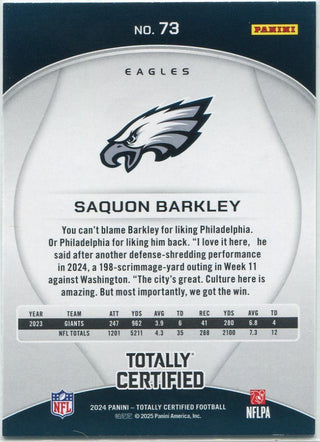 Saquon Barkley 2024 Panini Totally Certified Purple Mirror Parallel Card #73