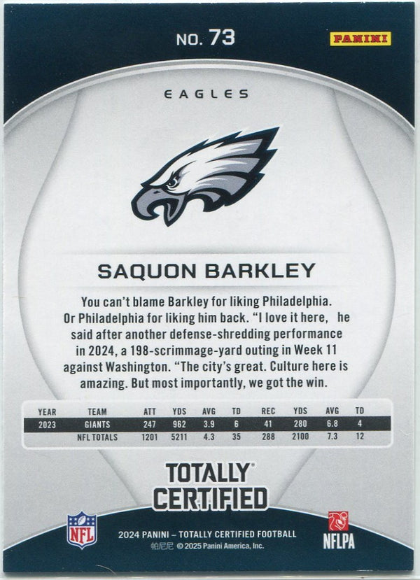 Saquon Barkley 2024 Panini Totally Certified Purple Mirror Parallel Card #73