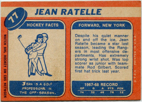 Jean Ratelle 1968 - 1969 Topps Card #77