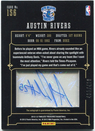 Austin Rivers 2012 - 2013 Panini Timeless Treasures Glass Rookie Autographed RC 430/499