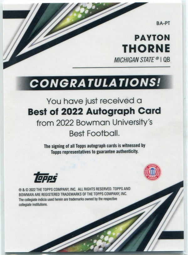Payton Thorne 2022 Bowman Chrome University Autographed RC #BA-PT