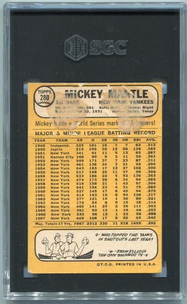 Mickey Mantle 1968 Topps Card #280 SGC Graded 1