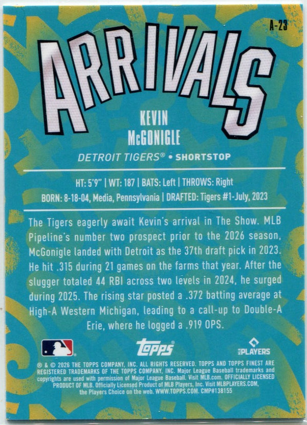 Kevin McGonigle 2026 Topps Finest Arrivals RC #A-23
