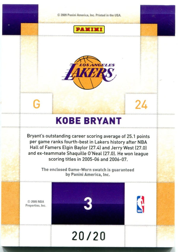 Kobe Bryant Panini Threads Century Collection Materials Jersey Card 2009 20/20