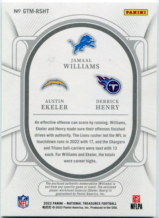Jamaal Williams, Austin Ekeler, Derrick Henry 2022 Panini National Treasures Triple Jersey Card #GTM-RSHT 8/99