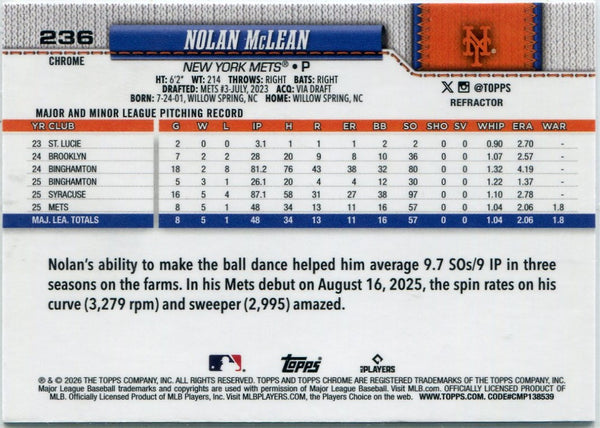 Nolan McLean 2026 Topps Chrome Refractor RC #236