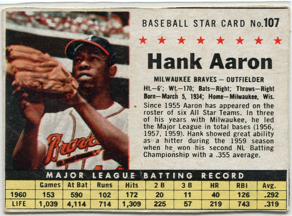 Hank Aaron 1961 Post Cereal Baseball Star Card #107