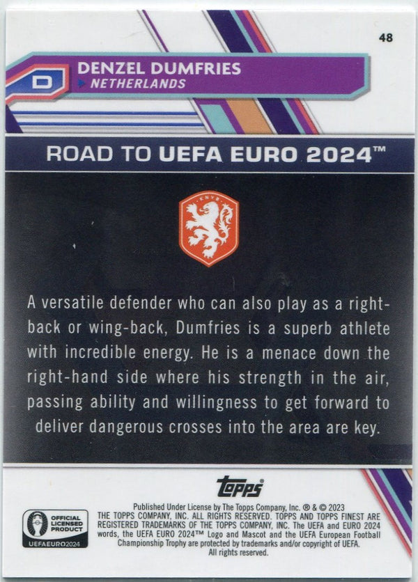 Denzel Dumfries 2023 Topps Finest UEFA Road To the Euros Red Refractor Card #48 3/10