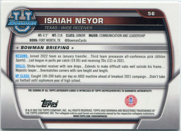 Isaiah Neyor 2022 Bowman Chrome University Autographed RC #56