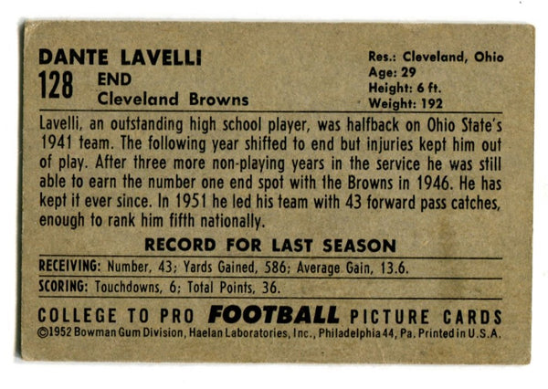 Dante Lavelli 1952 Bowman #128 Card