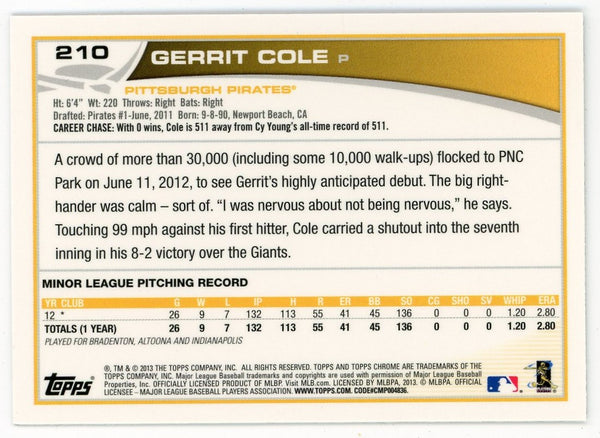 Gerrit Cole 2013 Topps Chrome Silver #210 Card