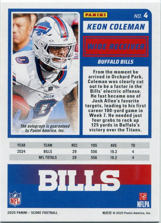 Keon Coleman 2025 Panini Score Autographed Green Parallel Card #4