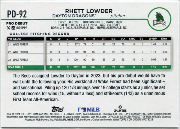 Rhett Lowder 2024 Topps Pro Debut RC #PD-92