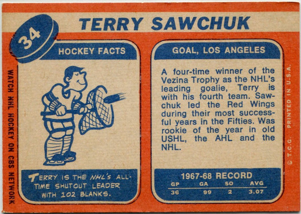 Terry Sawchuk 1968 - 1969 Topps Card #34