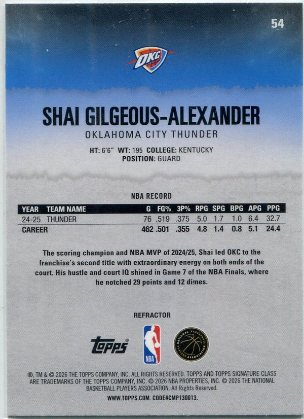 Shai Gilgeous-Alexander 2025 - 2026 Topps Signature Class Refractor Card #54