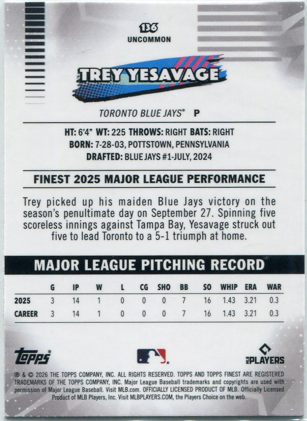 Trey Yesavage 2026 Topps Finest Uncommon Mini-Diamond Refractor RC #136