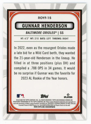 Gunnar Henderson 2023 Topps Bowman Chrome Rookie Of The Year Favorite #ROYF-15 Card
