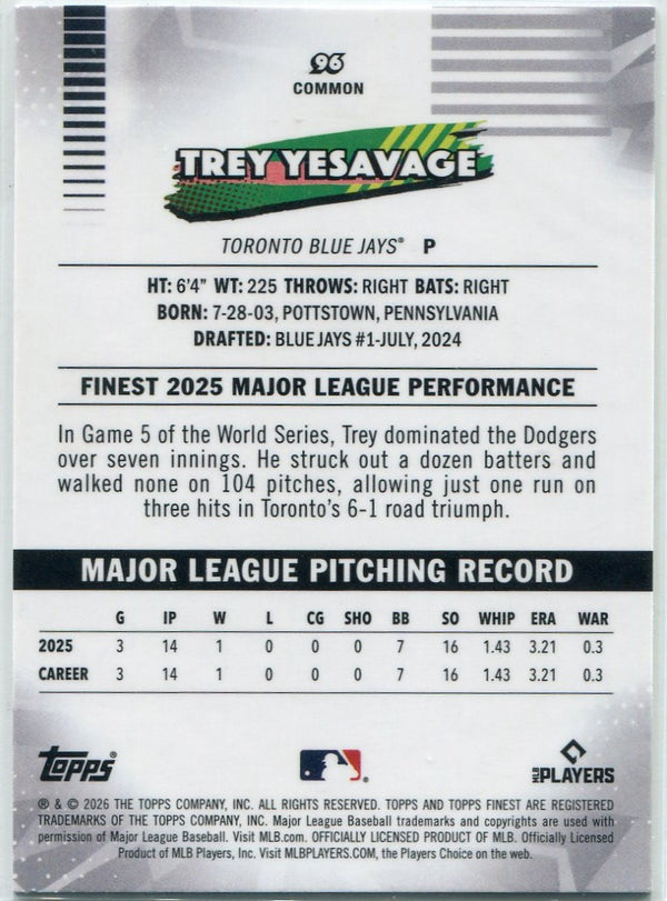 Trey Yesavage 2026 Topps Finest Common Mini-Diamond Aqua Refractor RC #96 3/199