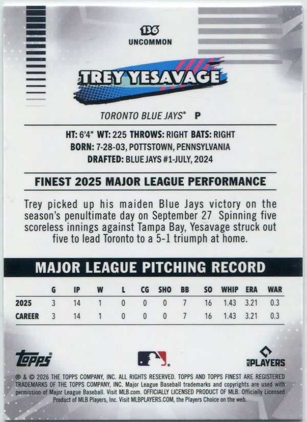 Trey Yesavage 2026 Topps Finest Uncommon RC #136