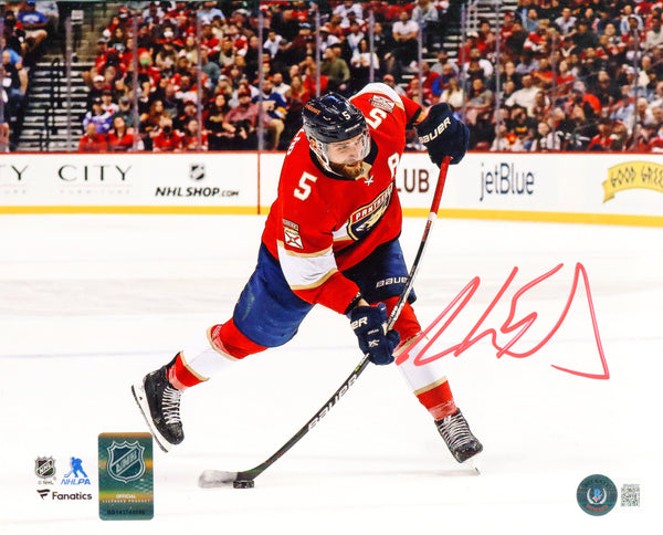 Aaron Ekblad Autographed Panthers Red Jersey Shooting 8x10 Photo