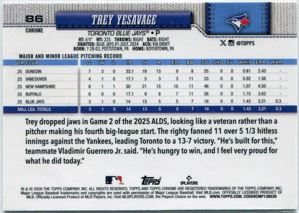 Trey Yesavage 2026 Topps Chrome RC #86