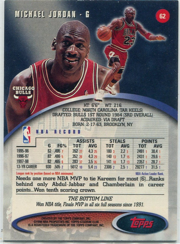 Michael Jordan 1998 - 1999 Topps Stadium Club Card #62