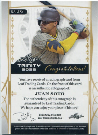 Juan Soto 2022 Leaf Trinity Autographed Card #BA-JS1 8/50