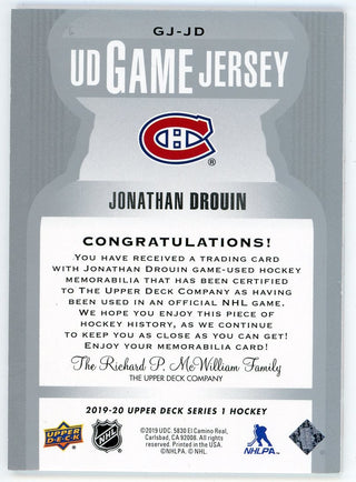 Jonathan Drouin 2019-20 Upper Deck UD Game Jersey Patch Relic Card #GJ-JD
