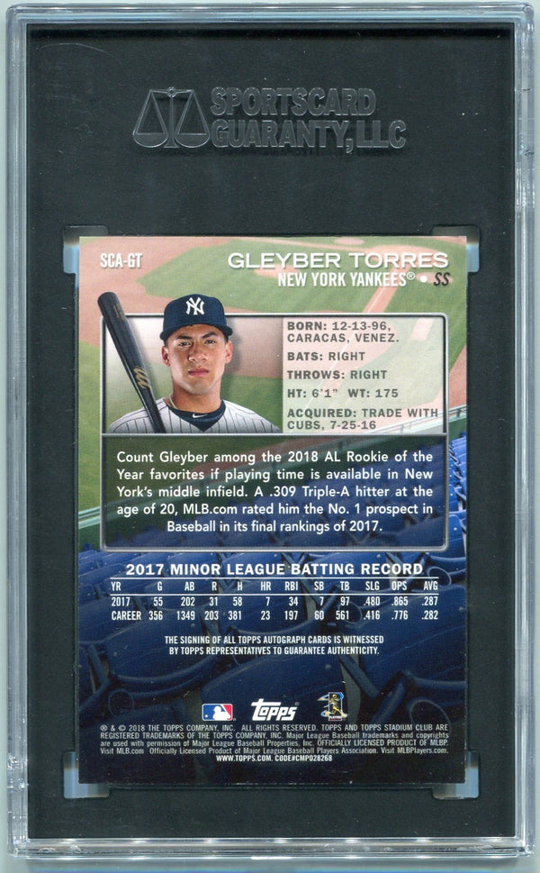 Gleyber Torres 2018 Topps Stadium Club Autographed RC #SCA-GT SGC Graded 9