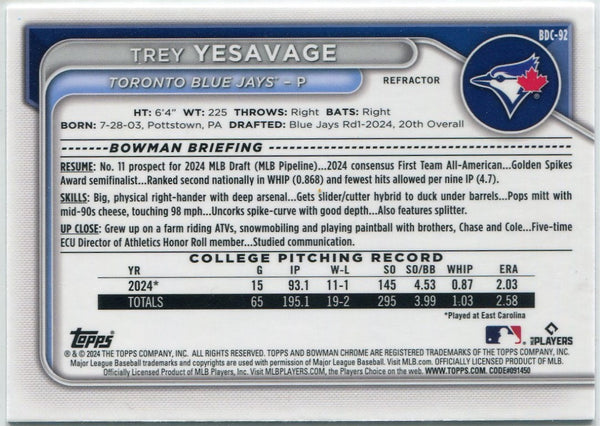 Trey Yesavage 2024 Bowman Draft Chrome Refractor RC BDC-92