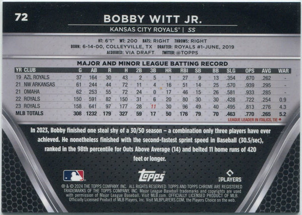 Bobby Witt Jr 2024 Topps Chrome Black Blue Refractor Card #72 20/75