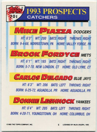 Mike Piazza Brook Fordyce Carlos Delgado Donnie Leshnock 1993 Topps Gold RC #701