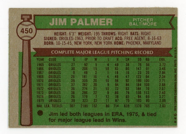Jim Palmer 1976 Topps #450 Card