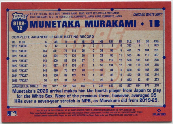Munetaka Murakami 2026 Topps 1991 Throwback RC #91B2-12