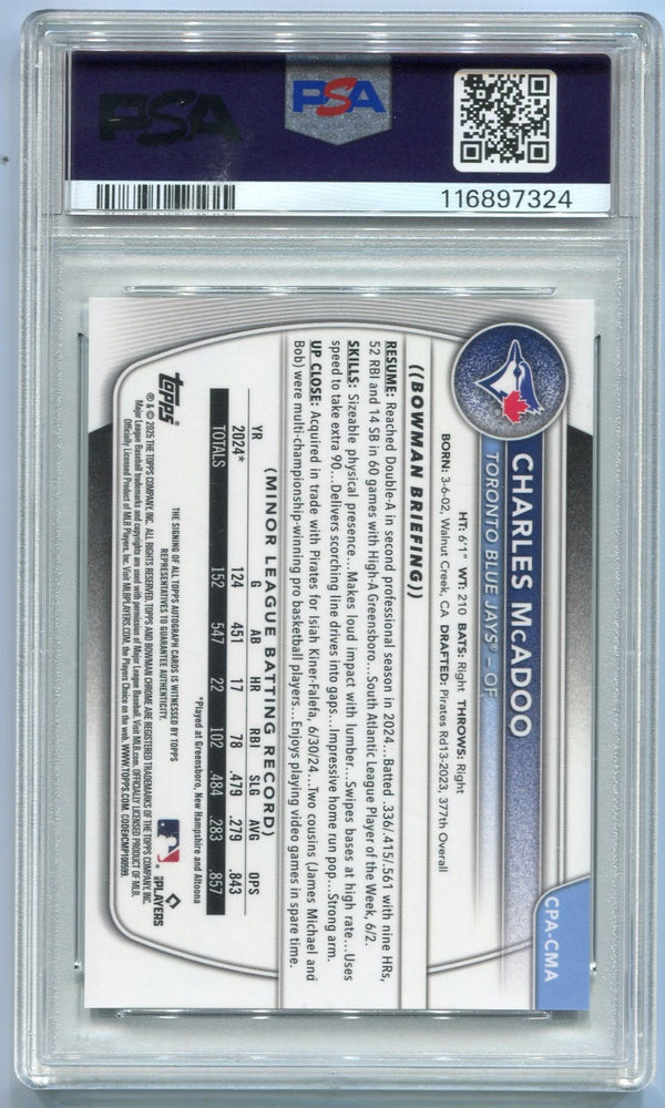 Charles McAdoo 2025 Bowman Chrome Prospects Autographed RC #CPA-CMA PSA Graded 10