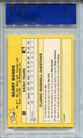 Barry Bonds 1987 Classic Travel Update Yellow Back Card #113 (PSA Gem Mint 10)