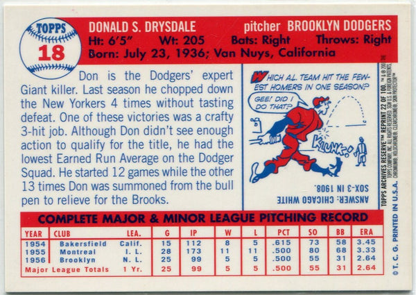 Don Drysdale 2001 Topps Archives Reserve 1957 Reprint Refractor Card
