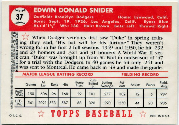 Duke Snider 2001 Topps Archives Reserve 1952 Reprint Refractor Card