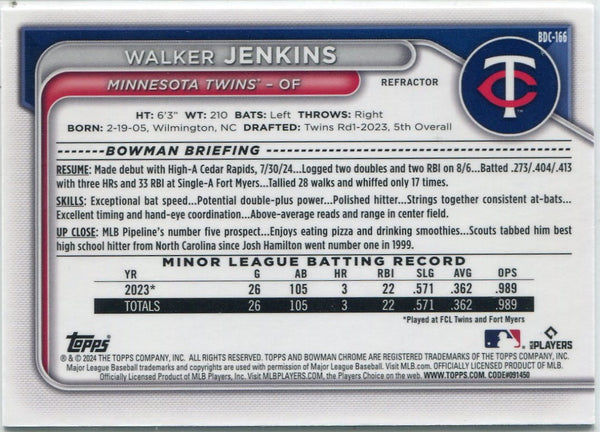 Walker Jenkins 2024 Bowman Draft Chrome Refractor RC #BDC-166