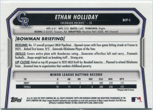 Ethan Holliday 2026 Bowman Chrome Prospects RC #BCP-1