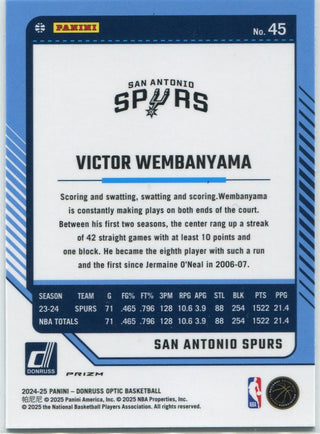 Victor Wembanyama 2024 - 2025 Panini Donruss Optic Pink Hyper Prizm Card #45